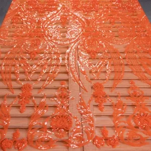 orange geometric pattern sequin embroidery on mesh fabric