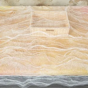 Charming White with Pink Glitters Big Wave Mesh Fabric