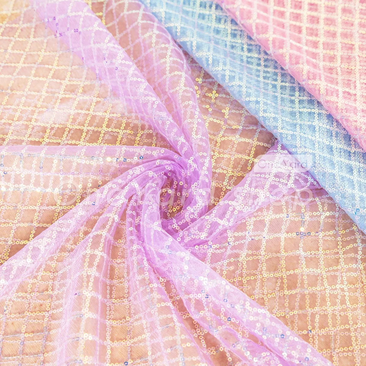 diamond lattice grid pattern iridescent sequin tulle fabric
