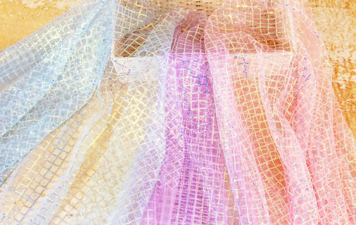 iridescent sequin grid mesh fabrics