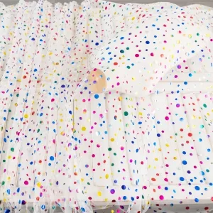 colorful foil polka dot on cream mesh decor fabric