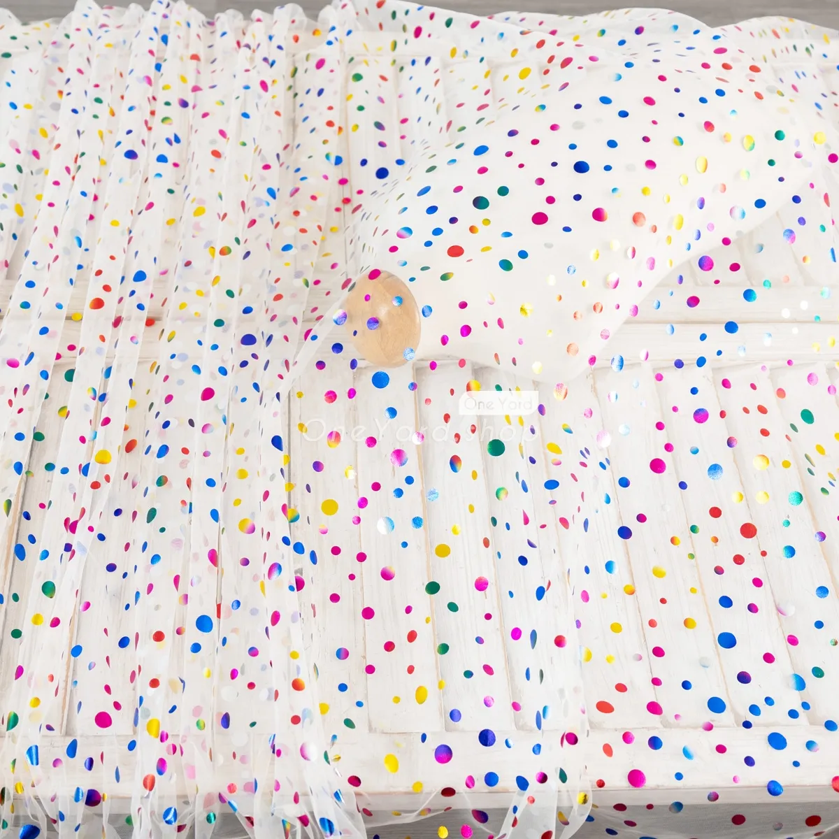 colorful foil polka dot on cream mesh decor fabric