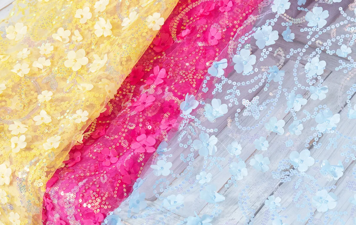 sequinned 3d flower embroidery fabrics