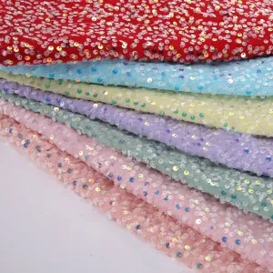 iridescent 5mm sequins on chiffon fabric by the yard