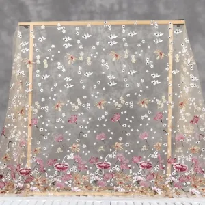 Vintage Red Flowers Embroidery Beige Mesh Dress Fabric