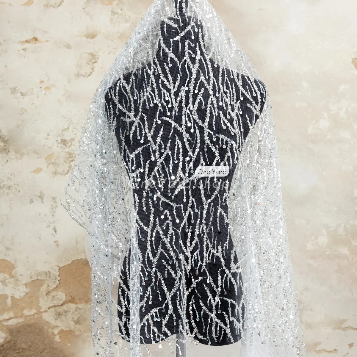 luxurious beige beads silver sequins messy mesh lace fabric