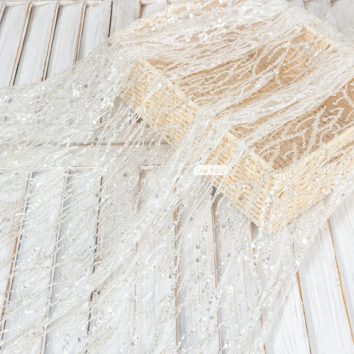 metallic silver sequin beige bead messy lace fabric
