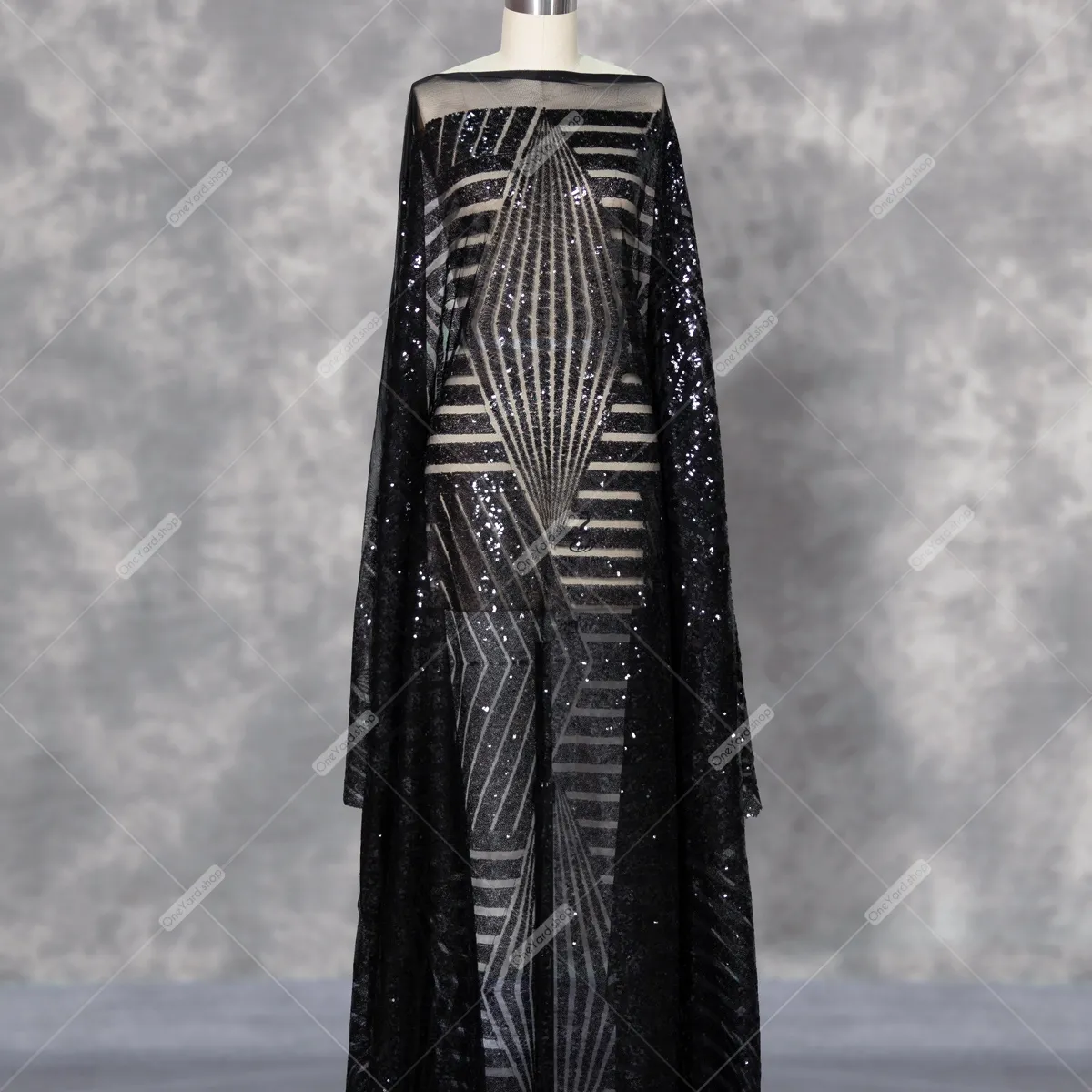 black bombshell geometric semi sheer sequin fabric