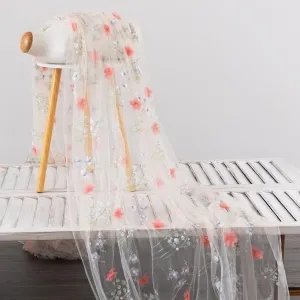 peach pink 3d flower embroidery nude mesh fairy fabric
