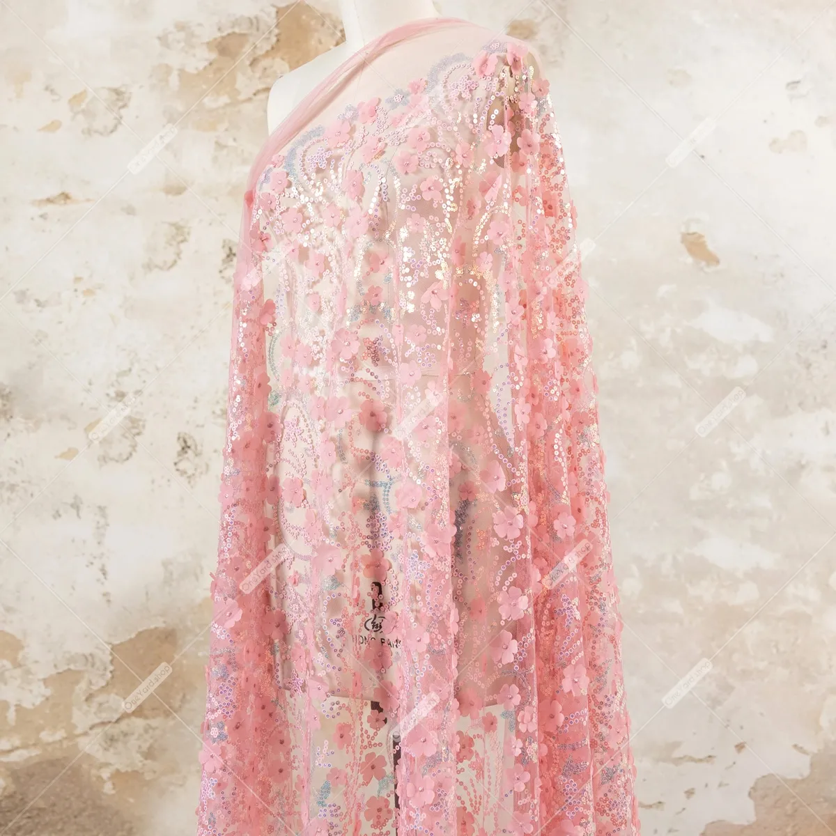 sequinned vintage rose 3d floral fabric