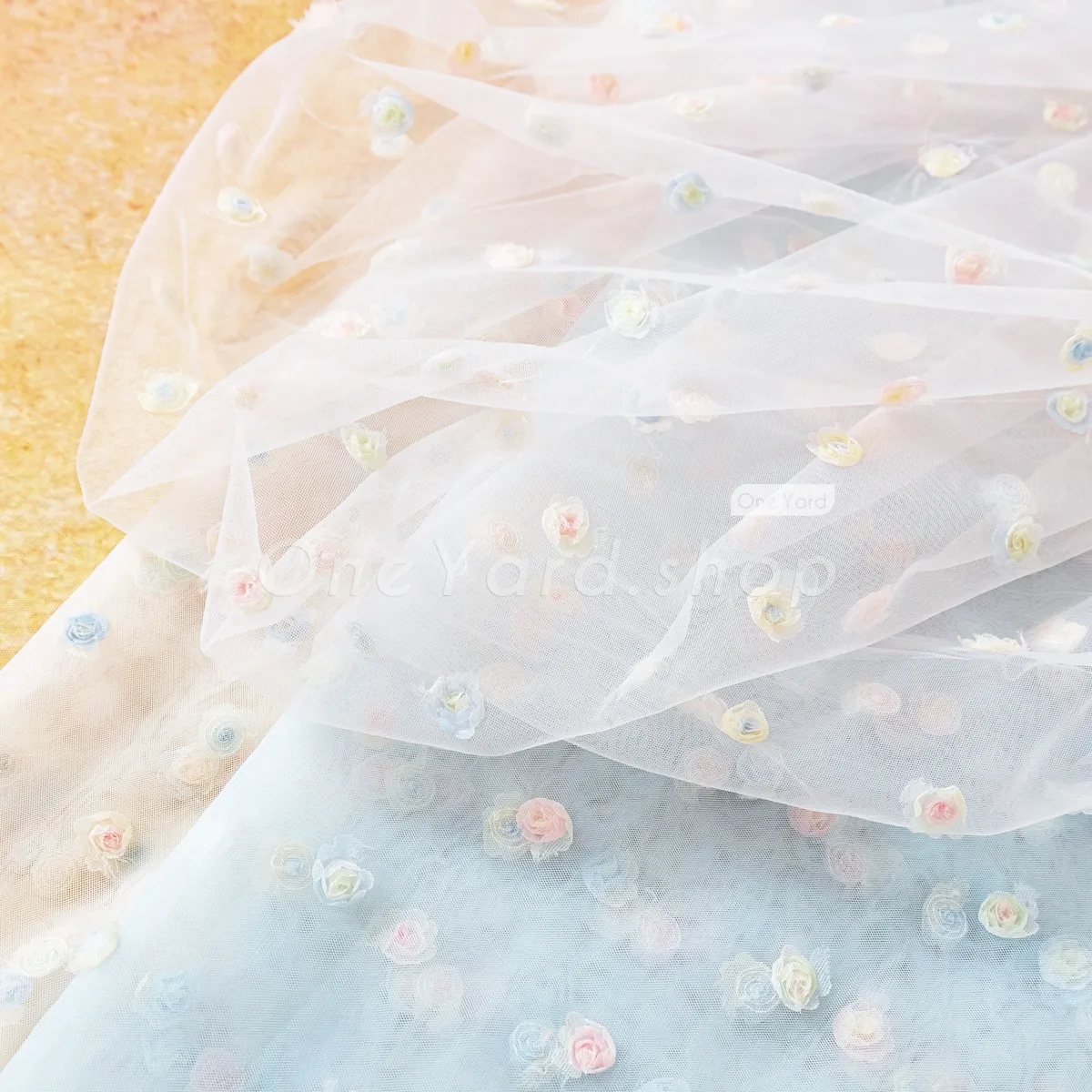 3D small rosette tulle mesh fabric