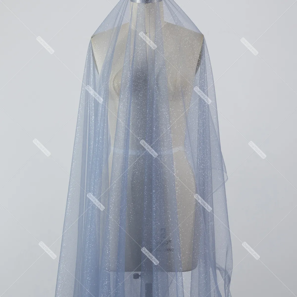 silver glitter glued steel gray stiffening tulle fabric