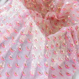 pink yellow rainbow sequin on light pink mesh fabric