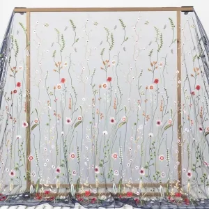 classic navy mesh with floral plant embroidery fabric