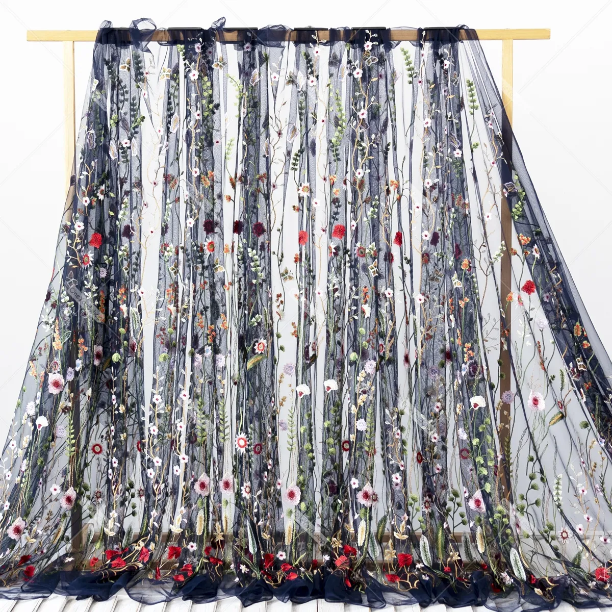 navy mesh multi color floral plant embroidery fabric for decorations