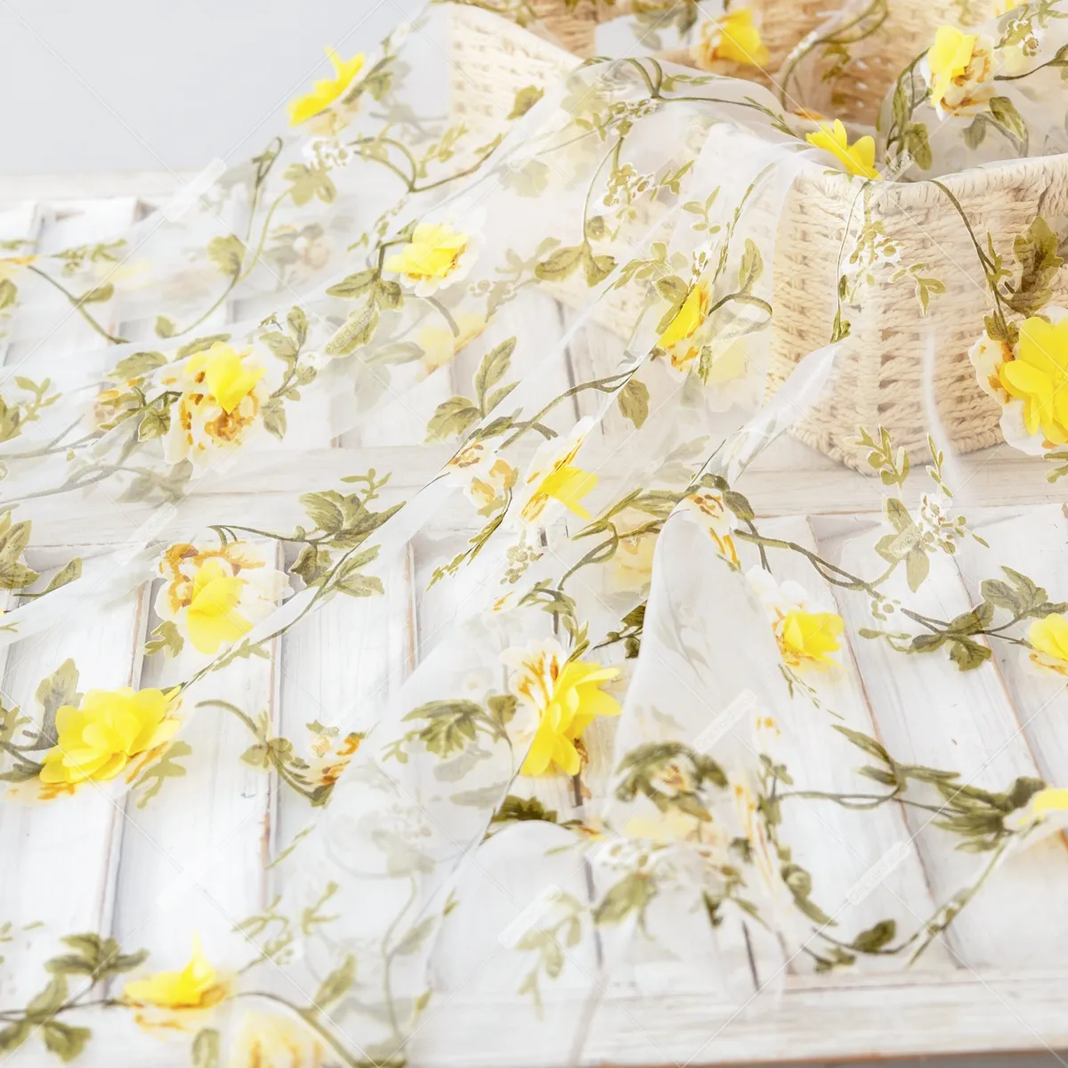 green leaf print and yellow 3D embroidery floral organza green leaf print and yellow 3D embroidery floral organza