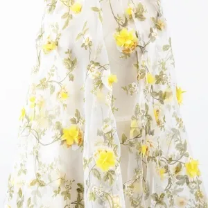yellow 3d flower embroidery sage leaf print organza