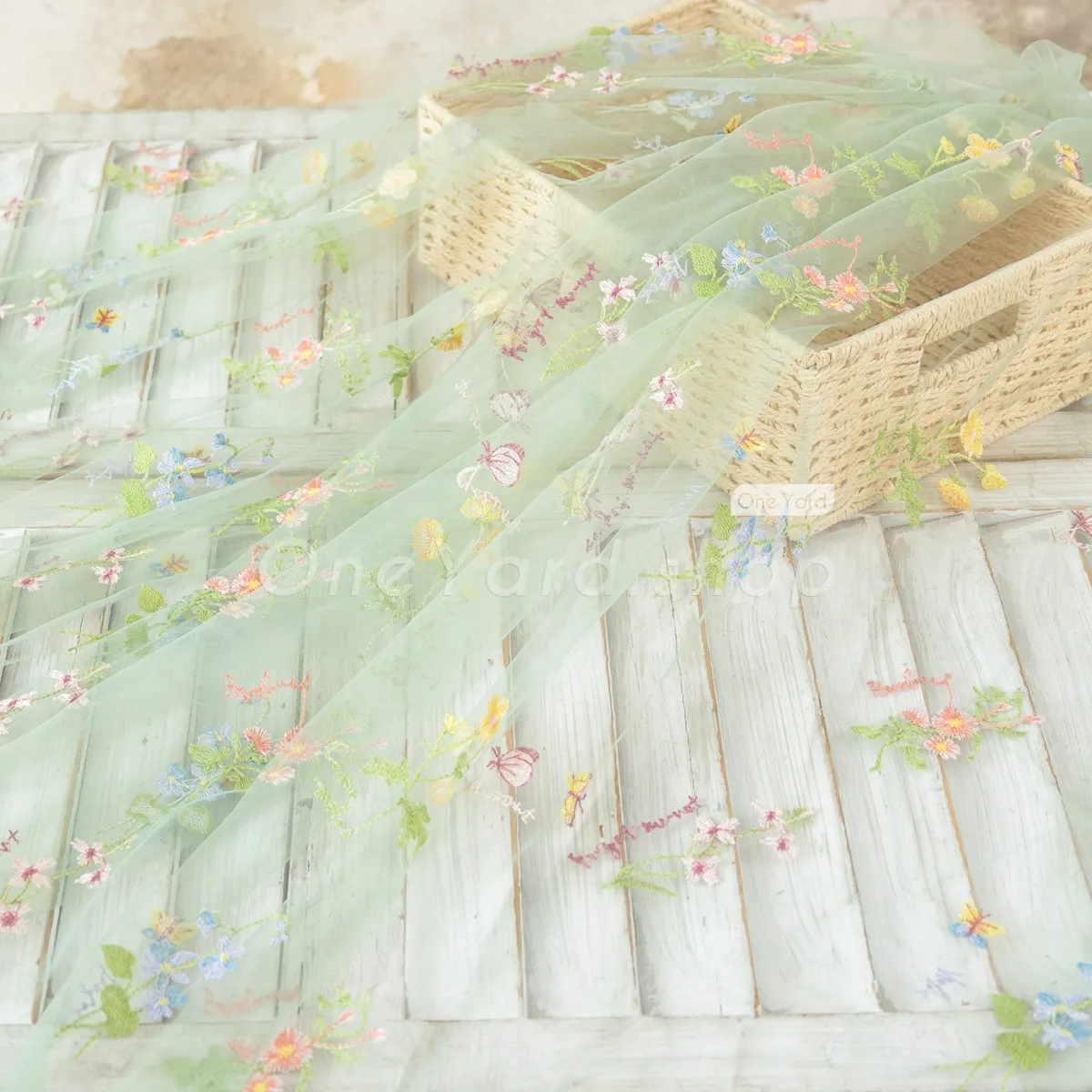 green floral mesh embroidery fabric