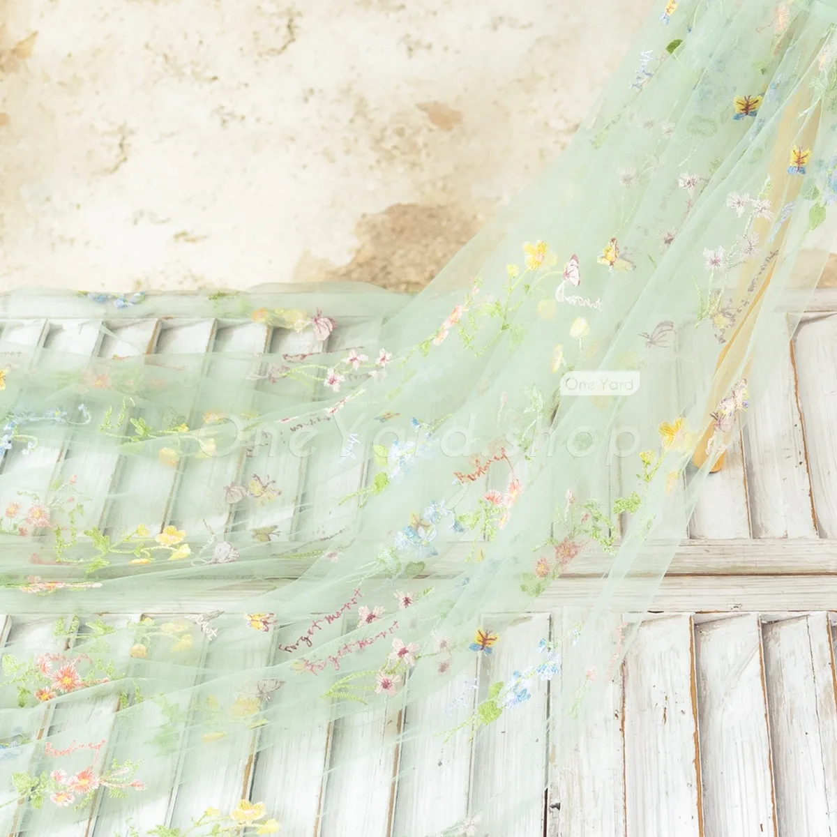 mint green spring floral butterfly embroidery fabric for sale
