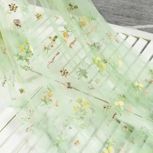 Mint Green Spring Floral & Butterfly Embroidery Fabric