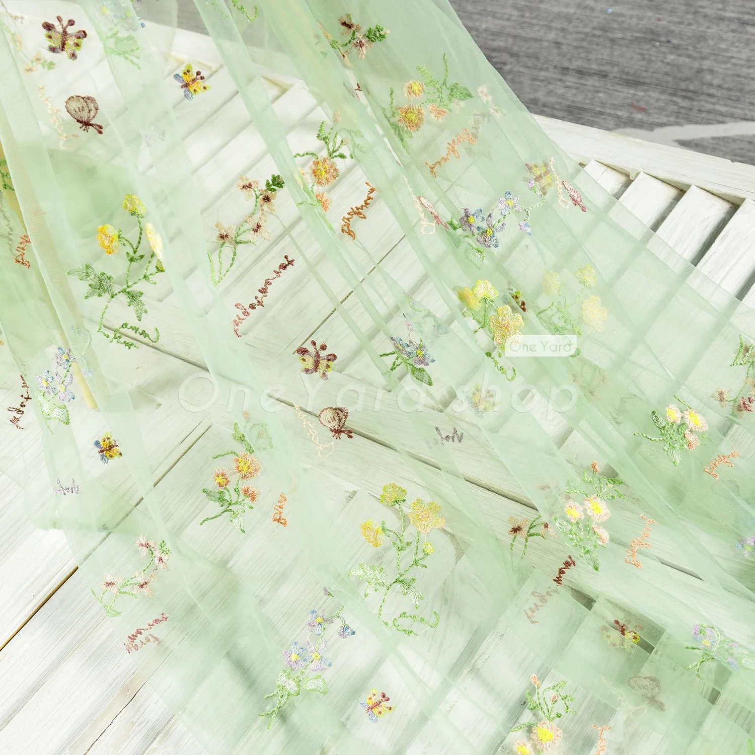 mint green spring floral butterfly embroidery fabric