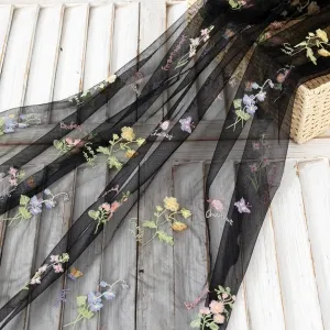 Spring Color Floral Embroidered on Black Mesh Fabric