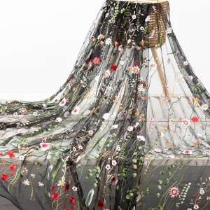 black mesh with multi color floral embroidery fabric