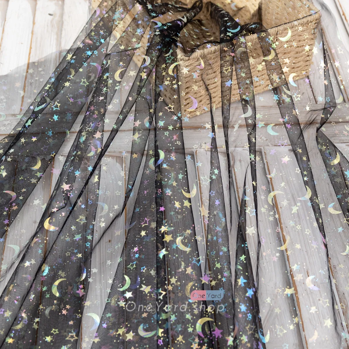 star moon print black starry fabric
