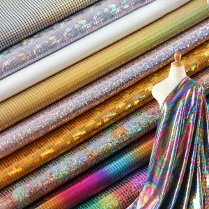 small check pattern shiny foil stretch lame fabric