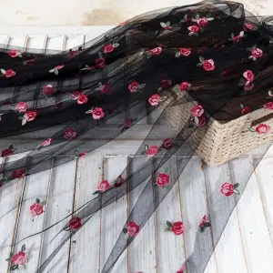 red rose green leaf embroidery black mesh fabric