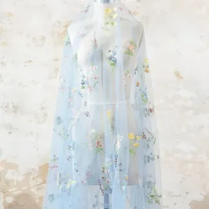 dusty blue tulle blossoms embroidery