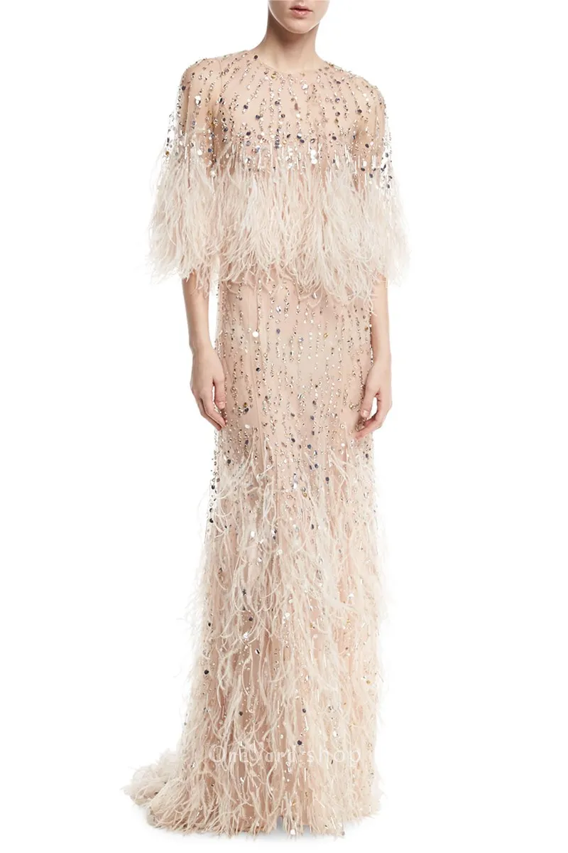 Champagne Sequin Beading & Ostrich Feather Fabric - OneYard