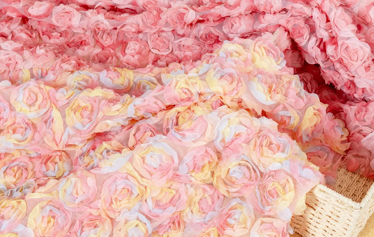 ombre pink 3d rose embroidery fabrics