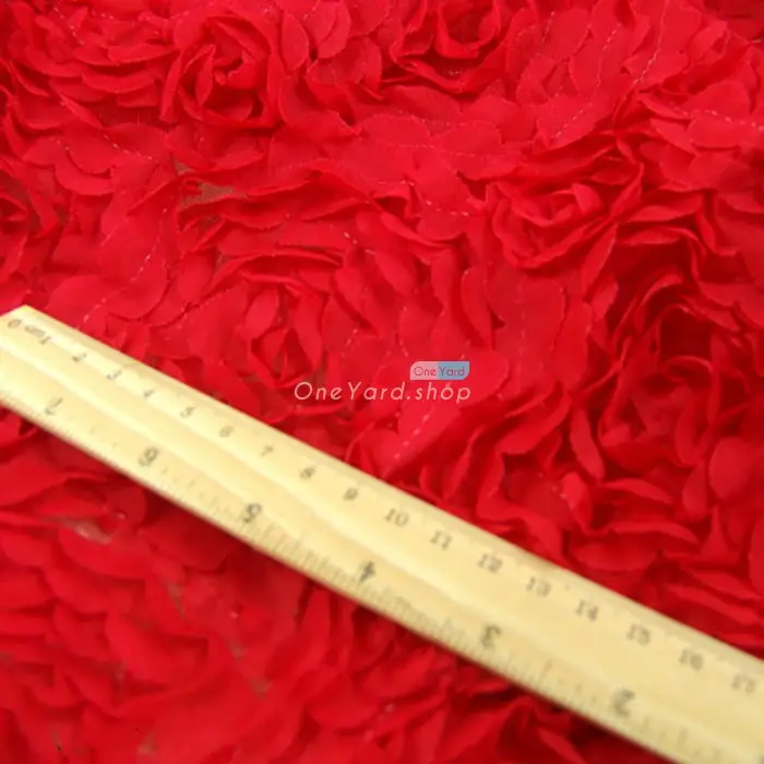 bright red soft mesh 3d flower fabric