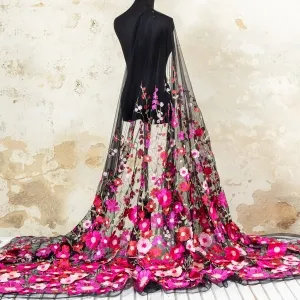 black tulle fuchsia 3d flower embroidery lace fabric