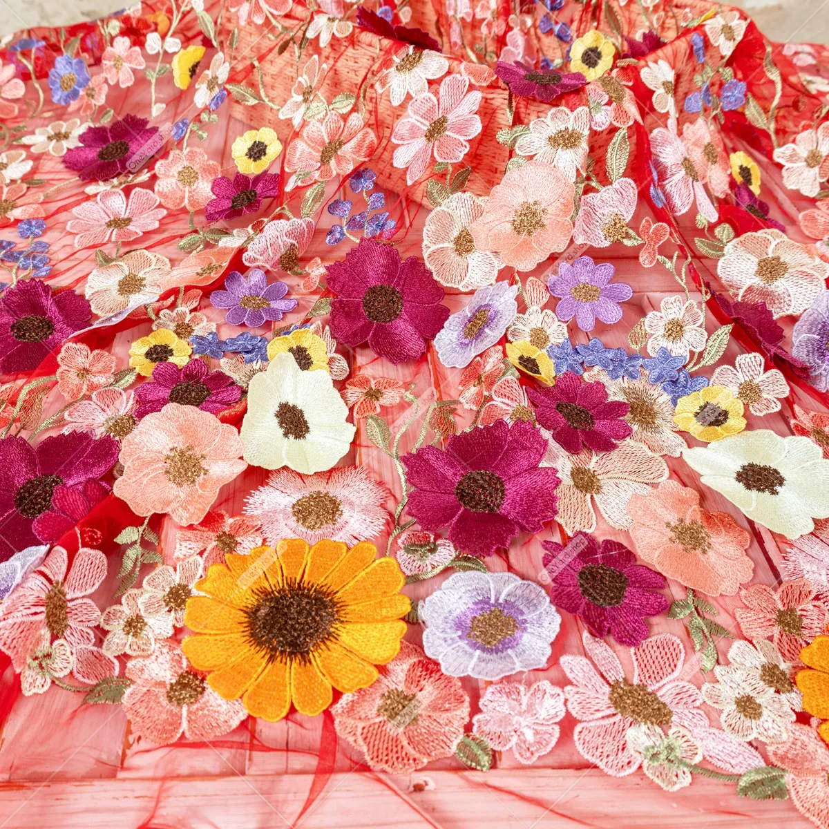 3D flower lace with vibrant red mesh tulle base 3D flower lace with vibrant red mesh tulle base