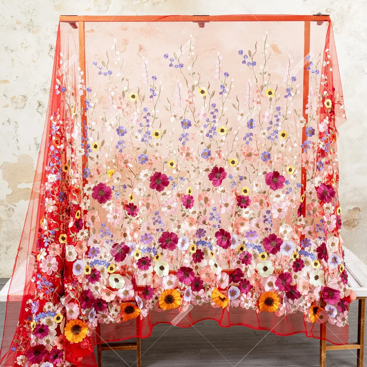 vibrant multi color 3d wildflower embroidered red tulle vibrant multi color 3d wildflower embroidered red tulle