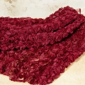 Voluminous Burgundy Mesh 3D Flower Embroidery Fabric
