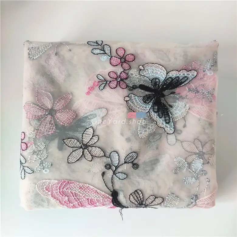 Pink & Black Plain Embroidery Butterfly Fabric OneYard