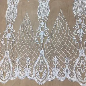 Ornate Geometric Pattern Embroidered Grid Lace Fabric - OneYard