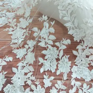 sequin floral lace on sheer mesh bridal material