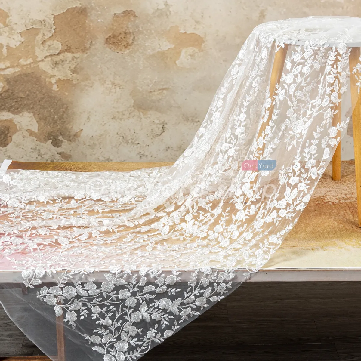 sequinned leaf botanical lace fabric