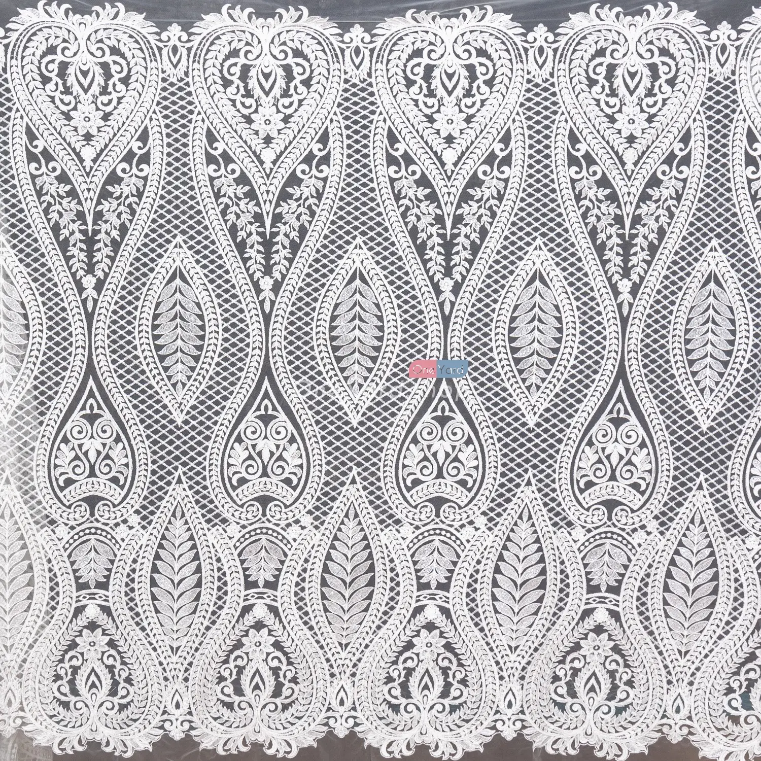sequinned ivory white leaf grid lace