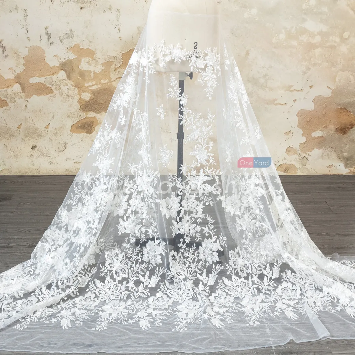 floral pattern sequinned ivory lace fabric for sale by the yard