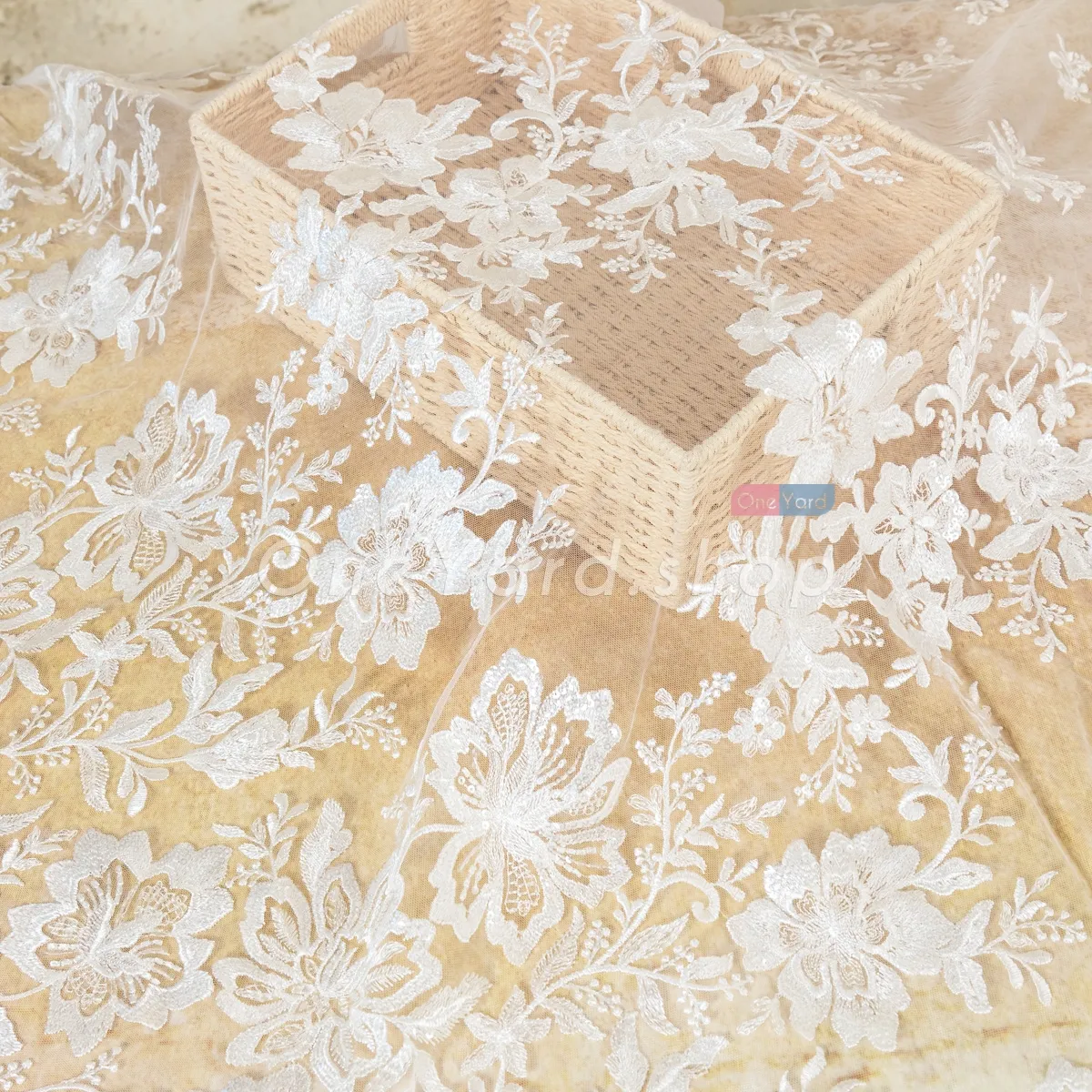heavily sequinned wedding lace material