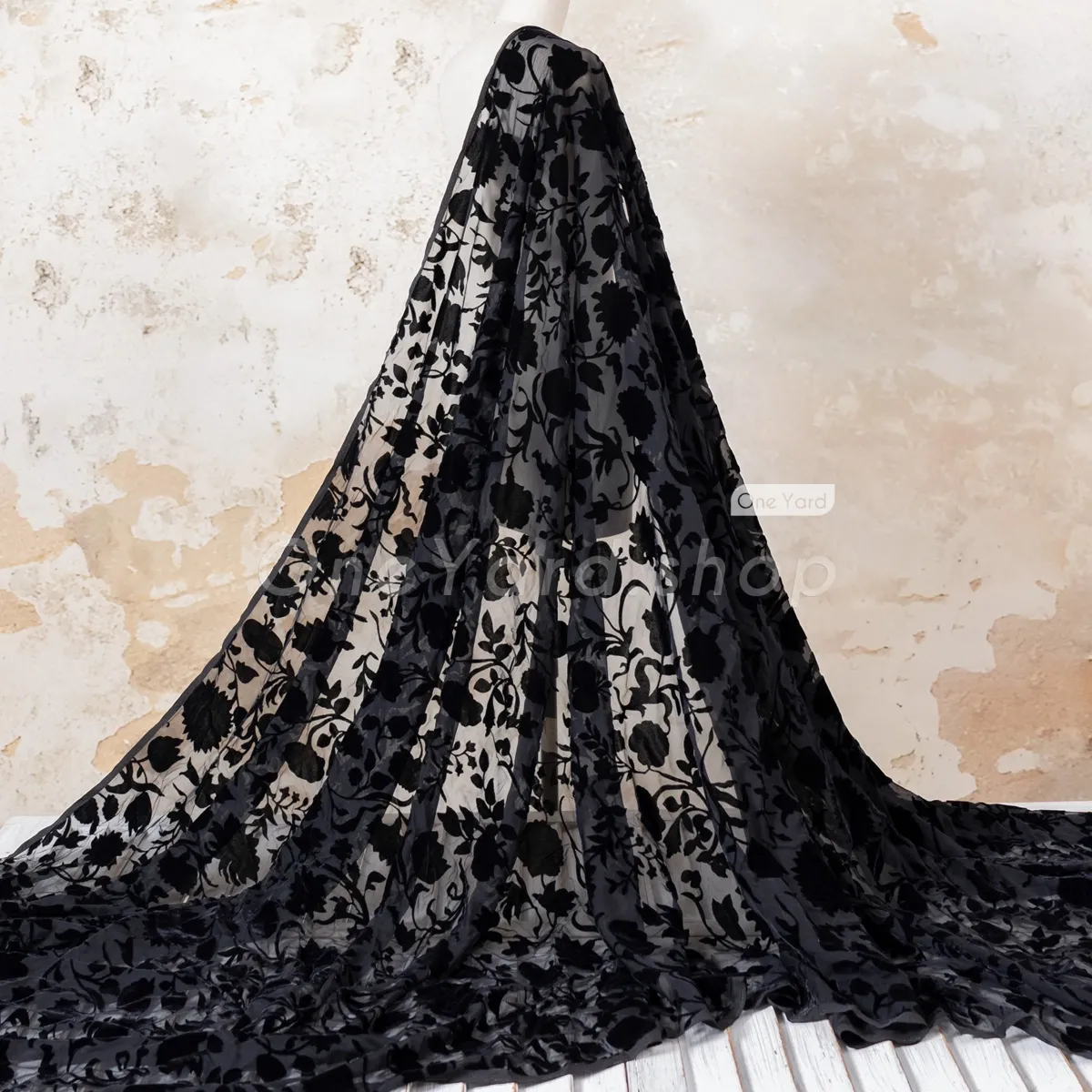 black velvet rose flower with gray mesh base lace fabric