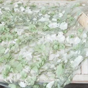 natural green white 3d floral fabric