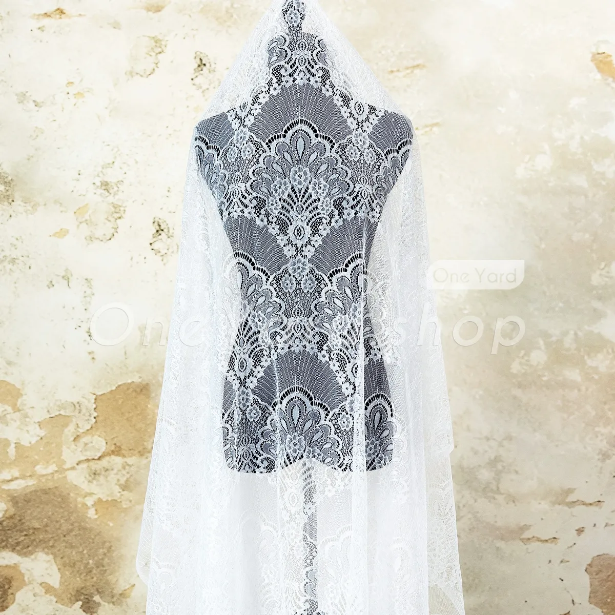elegant fan pattern off white flat chemical lace fabric elegant fan pattern off white flat chemical lace fabric