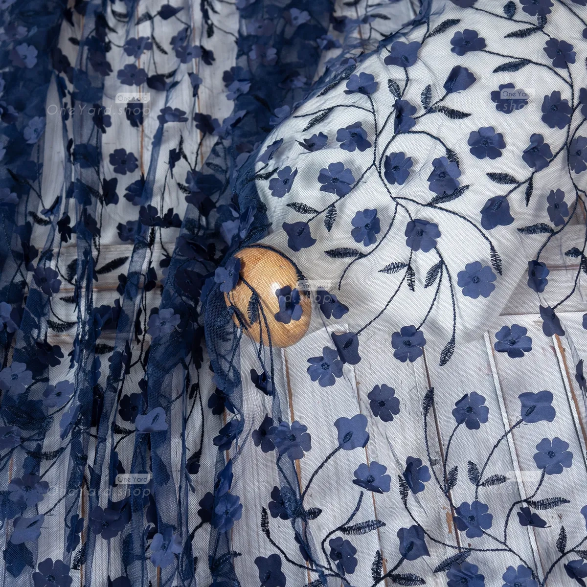 3D flower navy embroidery fabric