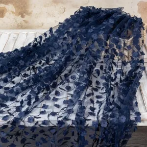navy 3d flower embroidery soft mesh fabric